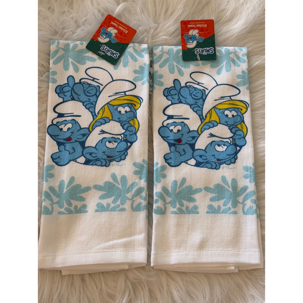 The Smurfs 100% Cotton Kitchen Towel Set of 2 White Blue Smurfette 15x25in